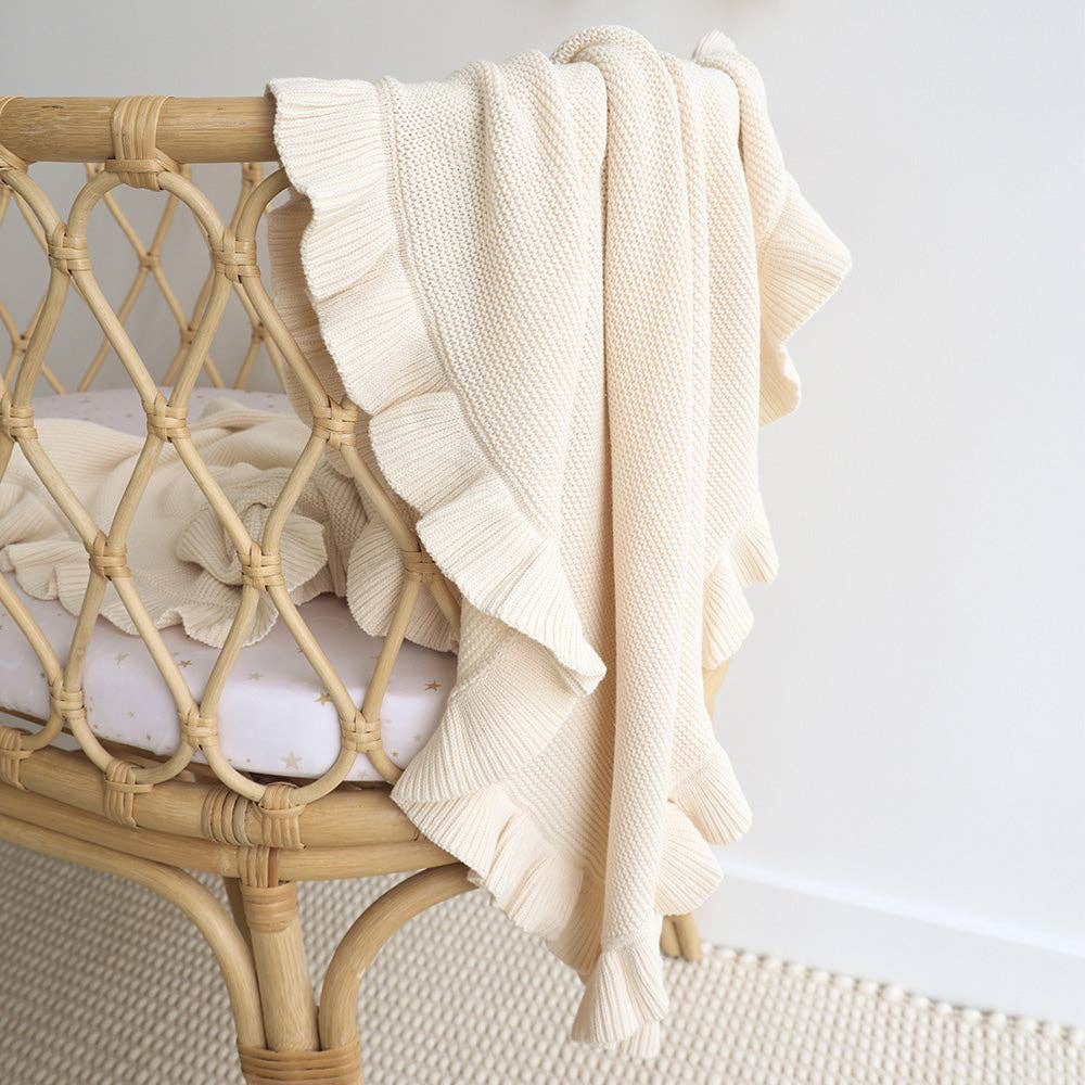 Snuggle Hunny - Cream Ruffle Knit Organic Baby Blanket - Image 2