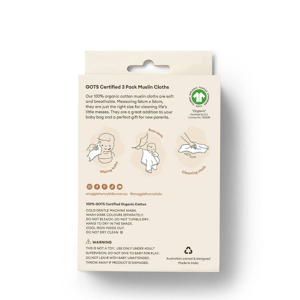 Snuggle Hunny - Small Organic Muslin Cloths 3 Pack - Dragon/Milk/Baby Blue - Image 3